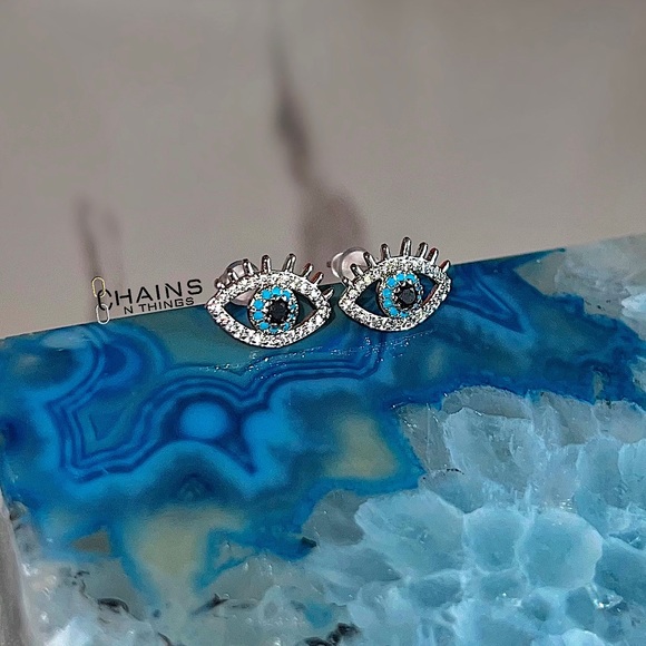 Blue Eyes Earrings silver plated sparkly zircon cute lashes boho style turkish - Picture 1 of 5